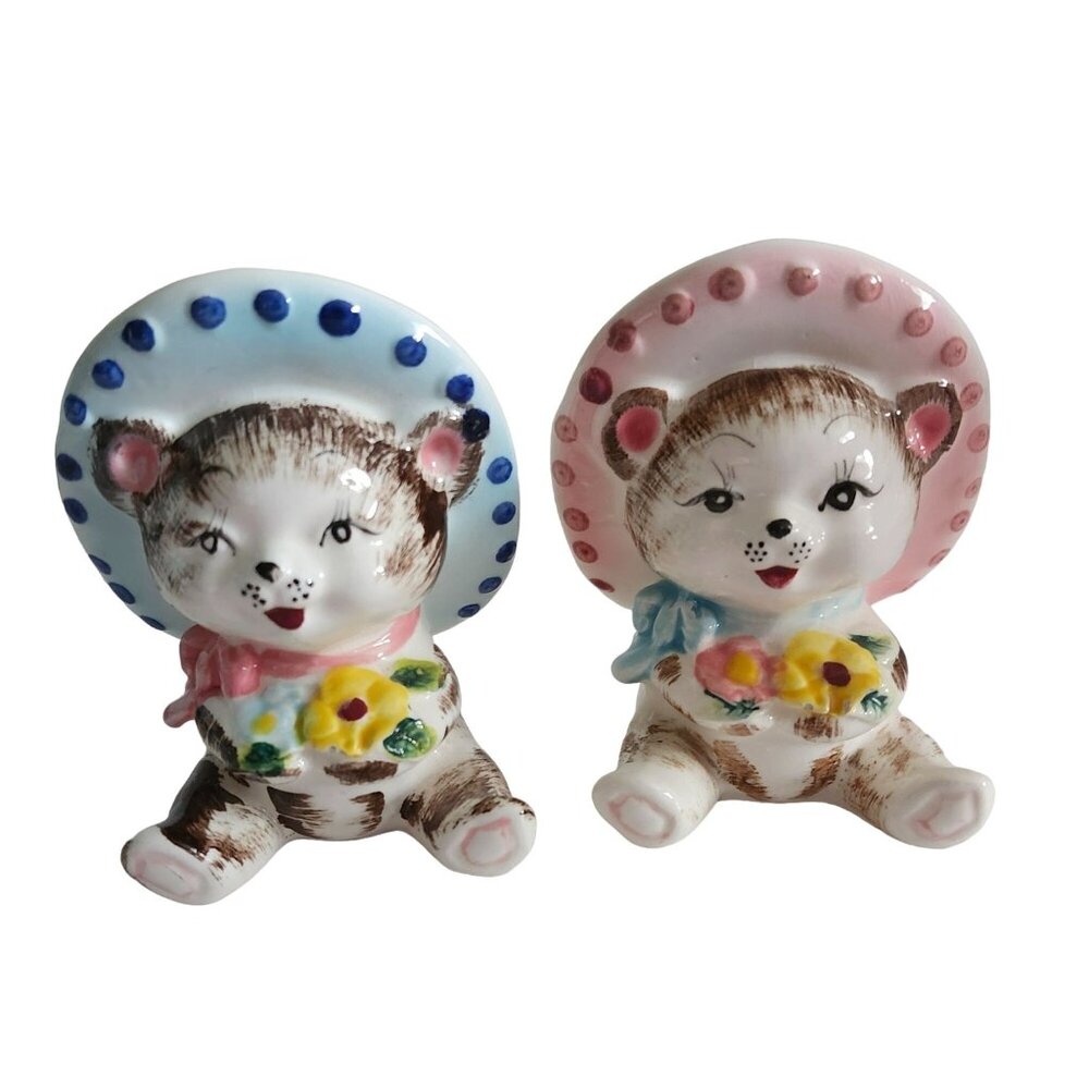 Vintage Baby Bear Head Planter with hat Hand-Painted Ceramic Set Of 2 Japan